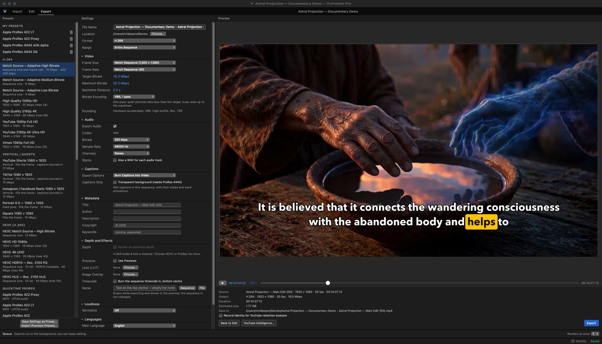Export mode with presets at the left, settings in the middle and a large preview at the right
